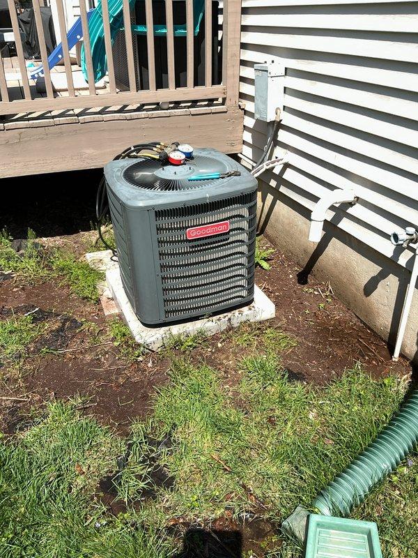 Completed scheduled preventive maintenance on residential air conditioning system. Performed comprehensive inspection of outdoor condenser unit, checked refrigerant pressures using manifold gauge set with readings within manufacturer specifications, verified proper operation of condenser fan, and documented equipment condition through photographs for service records.