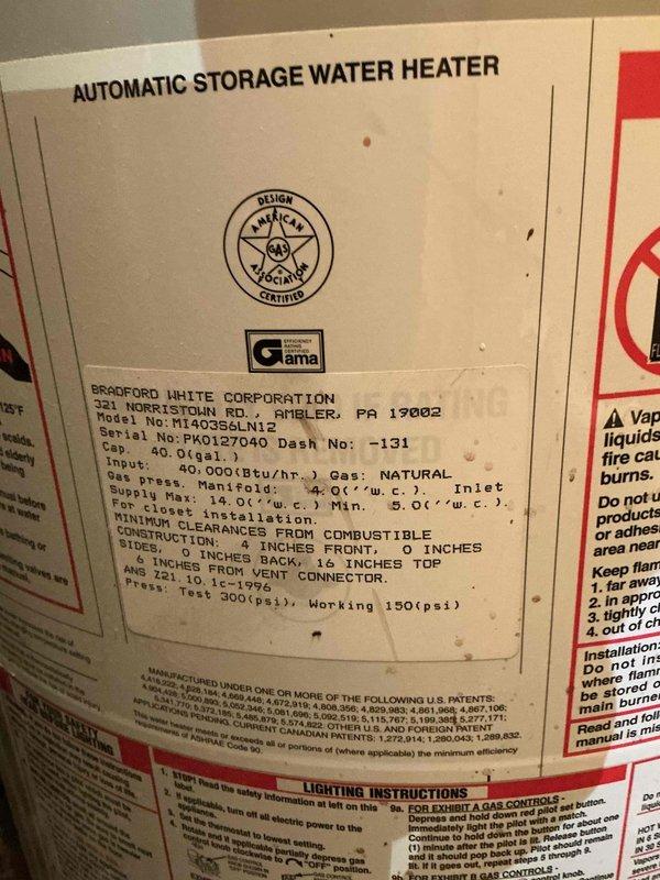 Conducted comprehensive assessment of existing 30+ year old HVAC system and Bradford White water heater (Model MI40S5SLN12, manufactured October 1996) located in utility closet. Documented current equipment conditions including aging furnace with visible dust accumulation and deterioration, functional but outdated natural gas heating system, and water heater operating at original 40,000 BTU/hr capacity. Provided detailed replacement quote for complete system upgrade including new furnace, air conditioning unit, and water heater to improve efficiency and reliability.