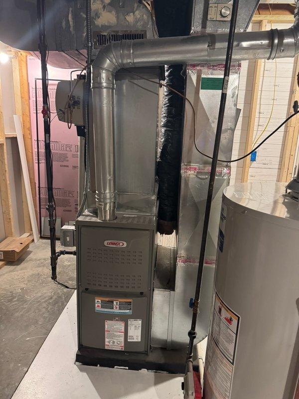 Completed scheduled Air Care Cooling maintenance service on residential Lennox furnace system. Performed comprehensive inspection of HVAC equipment, verified proper operation of furnace unit and associated ductwork connections, and documented equipment condition through photographic records for customer files.