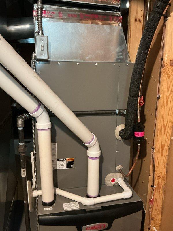 Completed scheduled Air Care Maintenance on residential HVAC system. Inspected furnace/air handler unit, verified proper operation of all components, checked electrical connections and condensate drainage system. Replaced air filters with new pleated media filters to maintain optimal airflow and system efficiency.