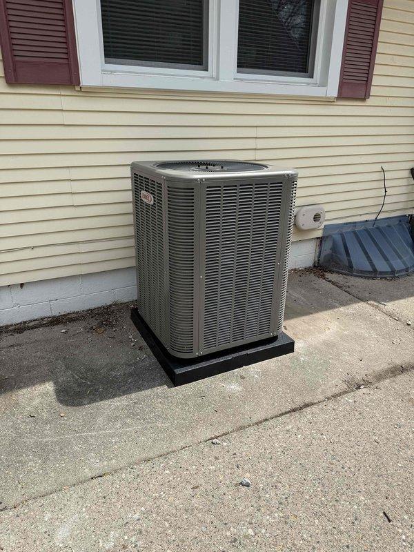 Completed full HVAC system installation including a 70,000 BTU furnace and 2-ton air conditioning unit. Installed furnace in basement utility area with proper PVC venting and ductwork connections, positioned unit to left side of existing water heater. Mounted outdoor condenser unit on concrete pad with rubber isolation pad, completed all refrigerant line connections and electrical hookups. Verified all connections, tested system operation, and ensured compliance with mechanical permit requirements.