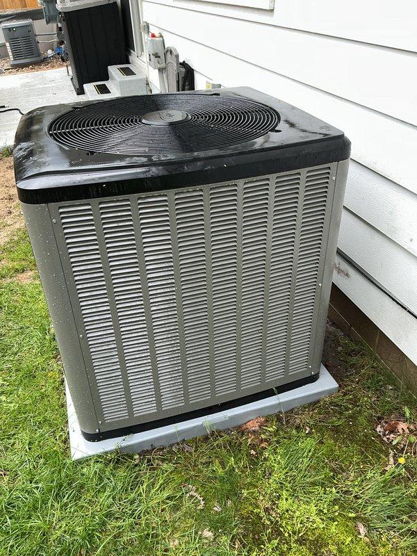 Performed scheduled annual cooling maintenance on Lennox outdoor condensing unit. Completed full system inspection including visual assessment of cabinet condition, fan assembly, and mounting pad. Unit found in operational condition with normal weathering for age. Verified proper placement on concrete pad and checked electrical disconnect box. System ready for cooling season operation.