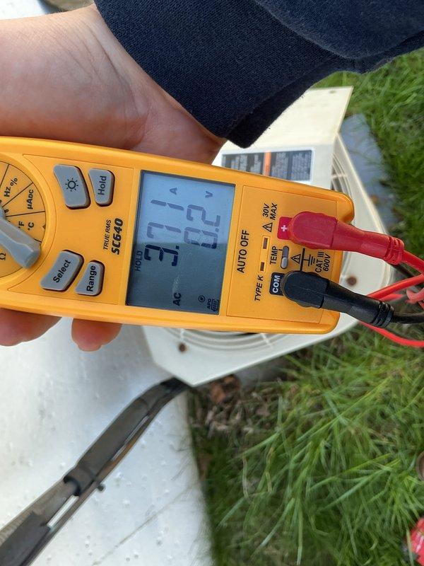 Completed annual cooling maintenance on HVAC system. Performed temperature differential measurements across system components, recording supply and return air temperatures of 27.63°F and 25.63°F respectively. Conducted electrical diagnostics using digital multimeter to verify proper voltage and amperage readings on outdoor condensing unit, confirming all electrical components operating within manufacturer specifications.