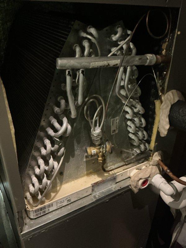 Performed scheduled maintenance on residential air conditioning system. Inspected indoor evaporator coil assembly, noting dust accumulation on serpentine copper tubing and heat exchanger surfaces. Examined outdoor condensing unit, removing top panel to access internal components including condenser coil, compressor, and electrical controls. Cleared significant debris accumulation of dried leaves and organic matter from unit base and compartment areas around compressor. Verified refrigerant line connections, brass fittings, and electrical wiring at both indoor and outdoor units. System components operational upon completion of maintenance service.