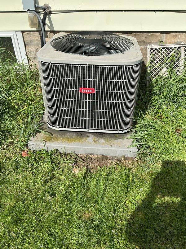 Completed annual cooling maintenance on Bryant condenser unit. Inspected system components, replaced air filter, and cleaned evaporator pad as part of routine preventative maintenance service.
