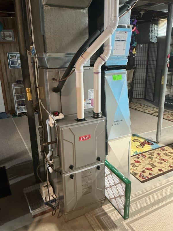 Completed annual preventative maintenance on residential central air conditioning system. Performed comprehensive AC tune-up on Bryant HVAC unit installed in 2016, including inspection of all major components, cleaning of condenser coils, verification of refrigerant levels, testing of electrical connections, and evaluation of airflow through the system. All equipment found to be operating within manufacturer specifications with no deficiencies noted. System tested under load and confirmed proper cooling operation. Homeowner advised unit is in good working condition for continued seasonal use.
