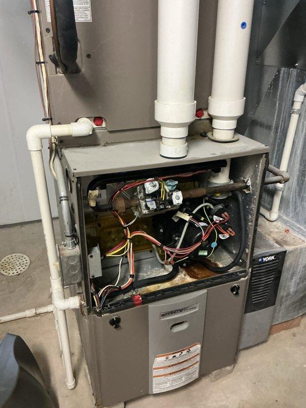 Responded to service call for blank thermostat display. Upon arrival, performed comprehensive annual heating checkup on furnace system as requested. Diagnosed thermostat failure and replaced unit with new thermostat, restoring proper system control and display functionality. Inspected furnace interior components, including control board, wiring harness connections, and safety controls—all found to be operational. Examined condensate drain pan and noted moisture accumulation with visible corrosion on metal housing components, typical of unit age and normal condensate drainage. Replaced furnace air filter to maintain proper airflow and system efficiency. Verified all electrical connections secure, tested system operation through complete heating cycle, and confirmed thermostat communication with furnace control board. System now operating properly with full thermostat functionality restored.