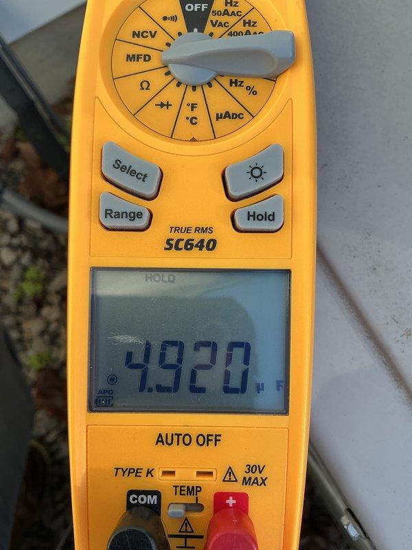 Completed annual cooling maintenance inspection on HVAC system. Performed diagnostic testing and measurements using digital multimeter to verify proper electrical performance and system functionality. All components tested within normal operating parameters.