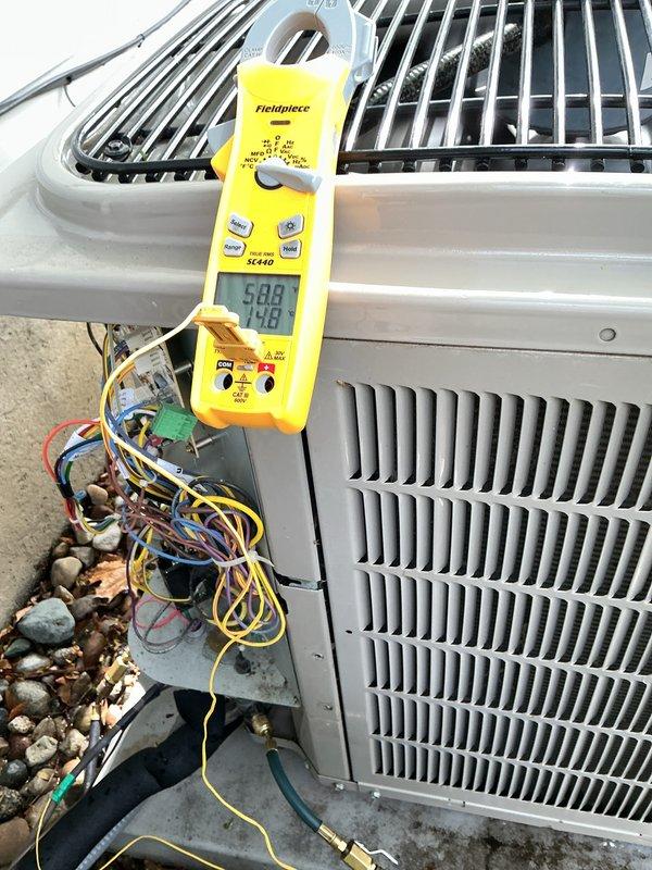 # HVAC Maintenance - ACM Completed

Performed comprehensive air conditioning maintenance on residential outdoor condensing unit. Connected refrigerant manifold gauge set to service ports and recorded system pressures to verify proper refrigerant charge levels. Measured electrical parameters including amperage draw of 58.3 amps and voltage reading of 14.8 using digital clamp meter to ensure compressor and fan motor were operating within manufacturer specifications. Inspected all electrical connections at control board, confirming proper wire terminations and component functionality. System operating normally with pressures and electrical readings within acceptable ranges. Unit showing no signs of refrigerant leaks or mechanical issues. Routine maintenance completed successfully.