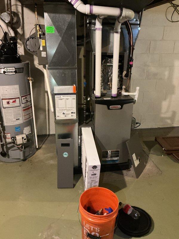 Completed annual cooling maintenance on Lennox HVAC system. Inspected furnace and air handler unit, replaced air filters, checked PVC condensate drainage lines, and verified all mechanical components and connections were operating properly. System tested and confirmed to be functioning within normal parameters.