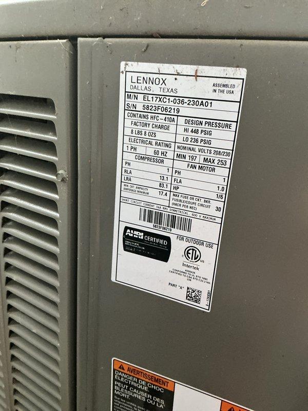 Completed annual cooling maintenance on Lennox EL17XC1-036-230A01 condensing unit utilizing HFC-410A refrigerant. Performed comprehensive inspection of outdoor condenser, verified manufacturer specifications, checked electrical connections and amperage draw within acceptable range of 19.7-25.3 amps at 208/230V single phase. Inspected refrigerant lines, condensate drainage system, and unit mounting. All components operating within normal parameters. Unit photographed and documented for service records.