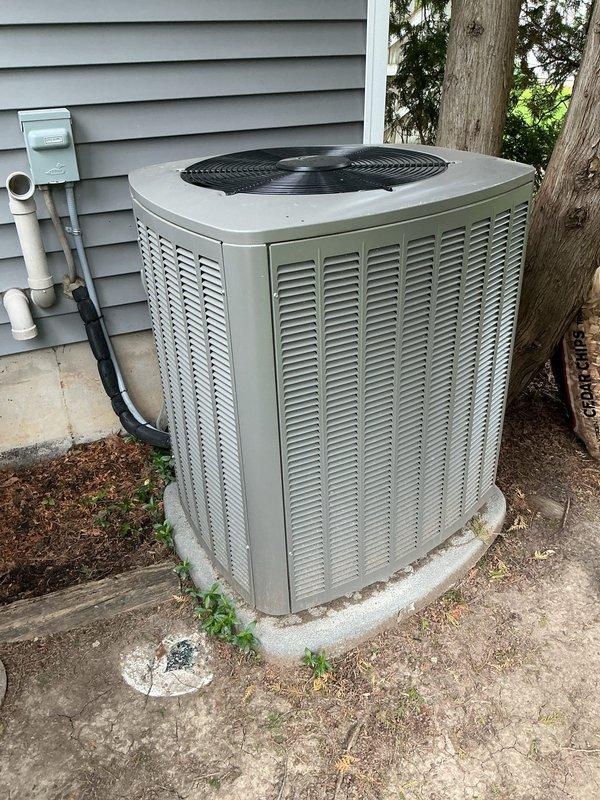 Completed annual cooling maintenance on Lennox EL17XC1-036-230A01 condensing unit utilizing HFC-410A refrigerant. Performed comprehensive inspection of outdoor condenser, verified manufacturer specifications, checked electrical connections and amperage draw within acceptable range of 19.7-25.3 amps at 208/230V single phase. Inspected refrigerant lines, condensate drainage system, and unit mounting. All components operating within normal parameters. Unit photographed and documented for service records.