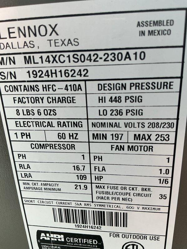 Completed annual cooling maintenance on Lennox ML14XC1S042-230A10 outdoor condensing unit containing R-410A refrigerant. Performed comprehensive system inspection, verified electrical connections at disconnect box, checked refrigerant charge levels, cleaned condenser coils, and confirmed proper operation of compressor and fan motor. Unit operating within manufacturer specifications with no deficiencies noted.