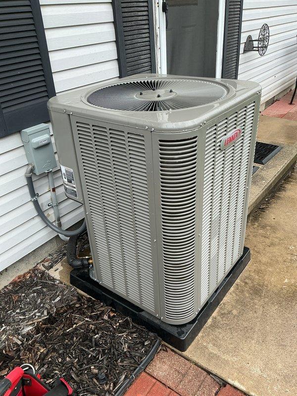 Completed annual cooling maintenance on Lennox ML14XC1S042-230A10 outdoor condensing unit containing R-410A refrigerant. Performed comprehensive system inspection, verified electrical connections at disconnect box, checked refrigerant charge levels, cleaned condenser coils, and confirmed proper operation of compressor and fan motor. Unit operating within manufacturer specifications with no deficiencies noted.