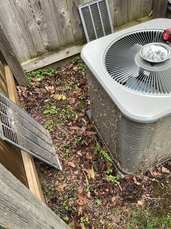 Completed annual HVAC maintenance inspection on outdoor condensing unit. Performed standard ACM service protocol including system evaluation, cleaning of condenser coils, and operational testing. Unit was found to be functional with normal operating parameters. Cleared accumulated debris including leaves and organic matter from around the equipment base and concrete pad to ensure proper airflow and drainage. Verified electrical connections, refrigerant levels, and overall system performance met manufacturer specifications.