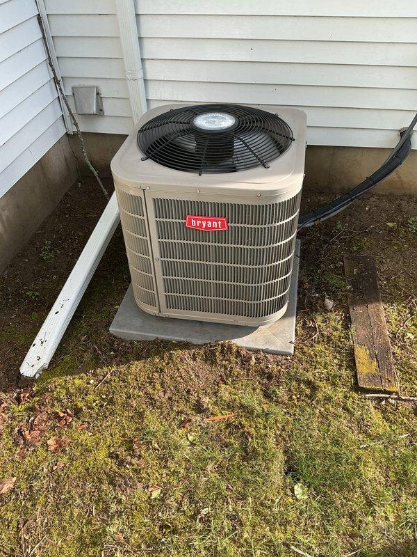 Completed annual preventive maintenance on Bryant residential air conditioning system. Performed comprehensive inspection of outdoor condenser unit including cleaning of coils, verification of refrigerant levels, testing of electrical components, and confirmation of proper fan operation. Unit found to be in normal operational condition with all systems functioning within manufacturer specifications.