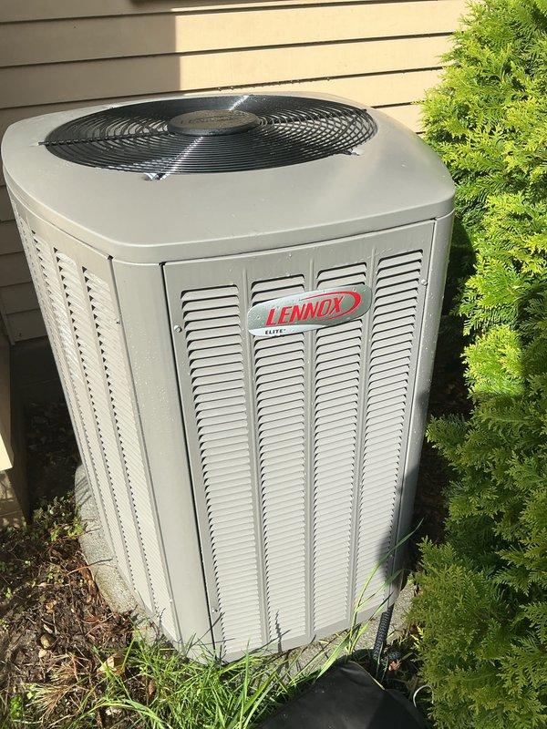 Completed annual cooling maintenance on Lennox outdoor condensing unit. Inspected electrical connections, refrigerant lines, and condenser coil condition. Unit operational with no issues identified during service visit.