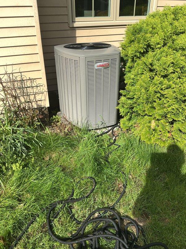 Completed annual cooling maintenance on Lennox outdoor condensing unit. Inspected electrical connections, refrigerant lines, and condenser coil condition. Unit operational with no issues identified during service visit.