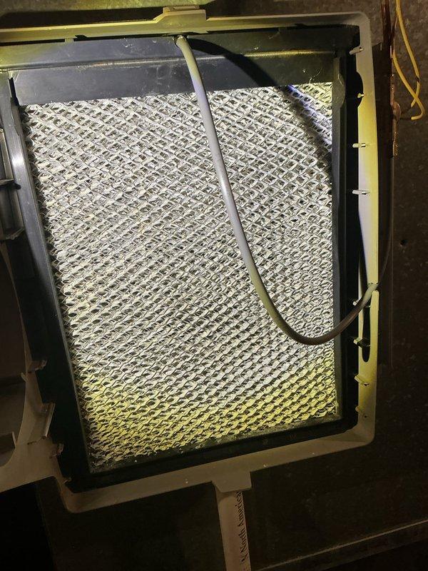 Completed annual cooling maintenance on Bryant Plus 95s Evolution system. Inspected and photographed air filter showing clean diagonal crisscross mesh material properly installed in housing frame. Verified furnace and air handler installation, checked all visible components including PVC condensate lines, electrical connections, and refrigerant lines for proper operation and secure mounting.