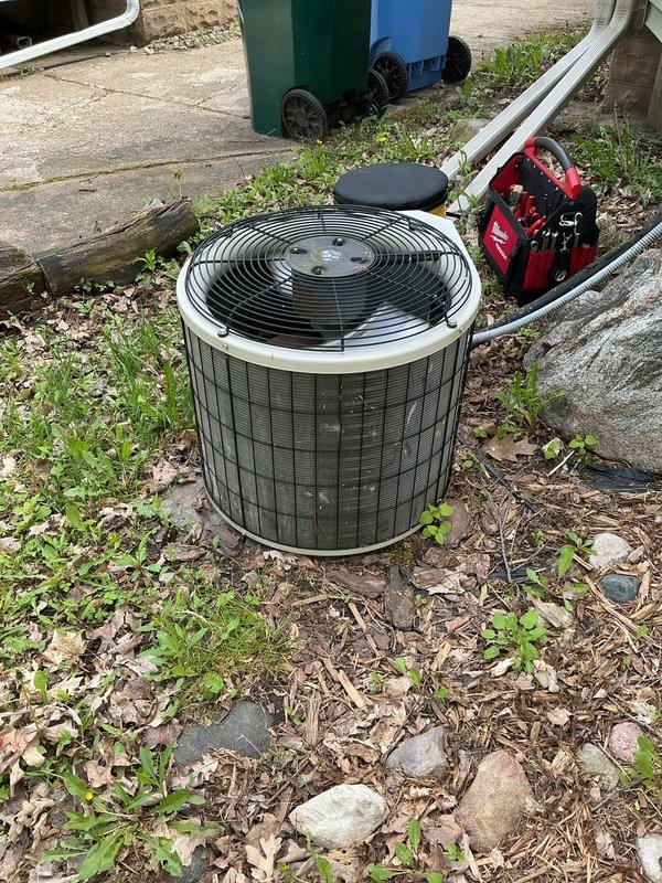 Completed annual cooling maintenance on residential outdoor condenser unit. Inspected unit operation, replaced air filter and evaporative cooler pads as needed, verified refrigerant lines and electrical connections secure, and confirmed system functionality for the cooling season.