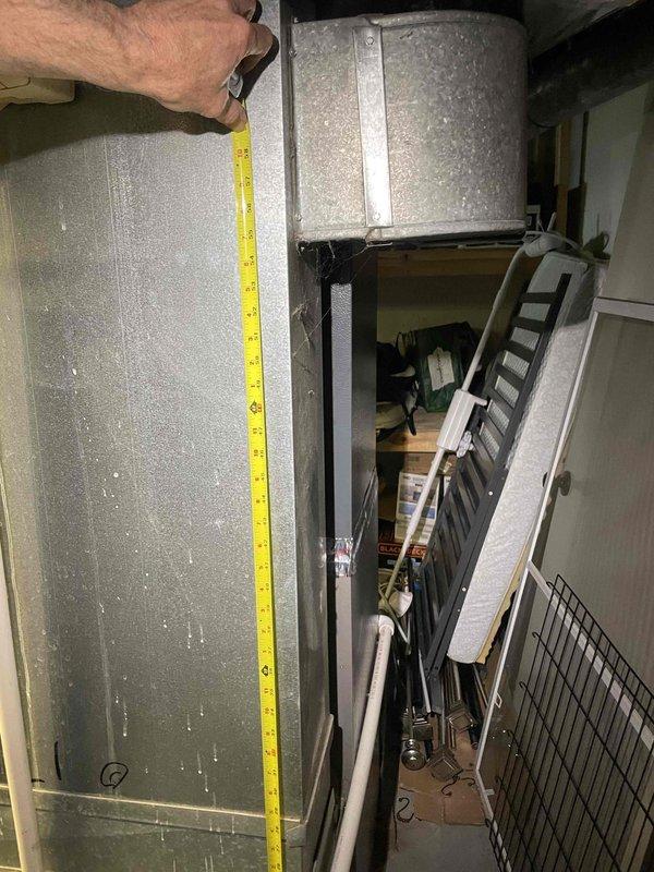 Responded to service call for non-operational 10-year-old forced air furnace system that was attempting to start but failing to ignite, with blower fan also non-functional in continuous mode. Performed diagnostic assessment and took measurements of existing HVAC equipment and ductwork configuration. Provided replacement estimate for complete furnace system due to inability of current unit to maintain heating functionality.