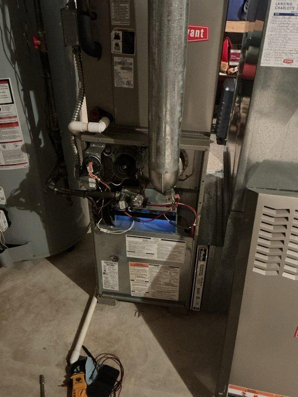 Completed annual heating maintenance on Bryant furnace system. Performed comprehensive inspection of all components including blower motor, electrical connections, capacitor, and control systems. Verified proper operation of safety controls, checked ductwork connections, inspected condensate drain lines and PVC venting, and confirmed all manufacturer specifications were met. System tested and operating within normal parameters.