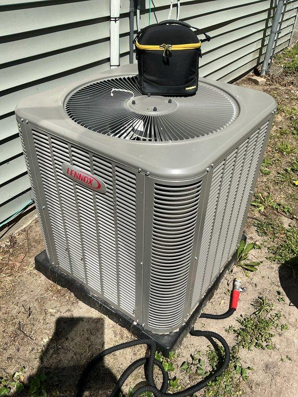 Completed routine preventative maintenance on Lennox outdoor condensing unit. Performed comprehensive system inspection including visual examination of condenser coil, fan motor operation, and refrigerant line connections. Verified proper airflow through louvers, checked electrical connections, and confirmed unit operating within normal parameters. All components found in satisfactory condition with no repairs required at this time.
