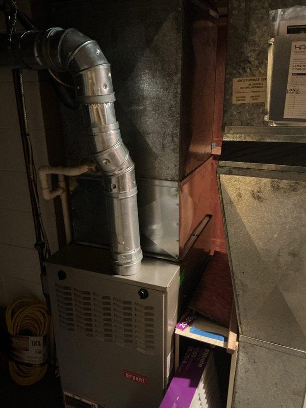 Completed annual cooling maintenance on Bryant HVAC system. Performed comprehensive inspection of furnace unit, air handler, and associated ductwork including metallic vent piping and connection points. Inspected and serviced air filter, verifying proper airflow and system operation with no issues identified during the maintenance visit.