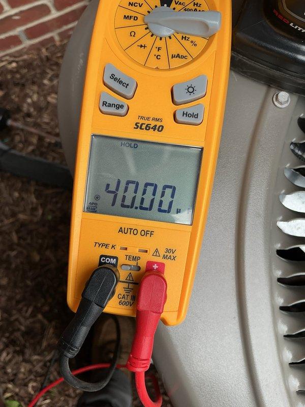 Completed annual HVAC maintenance on Lennox system including filter replacement and comprehensive system inspection. Performed electrical diagnostics with multimeter showing 40.00 reading, verified proper operation of all components, and documented system specifications. Applied 15% discount on replacement filter as part of routine maintenance visit.