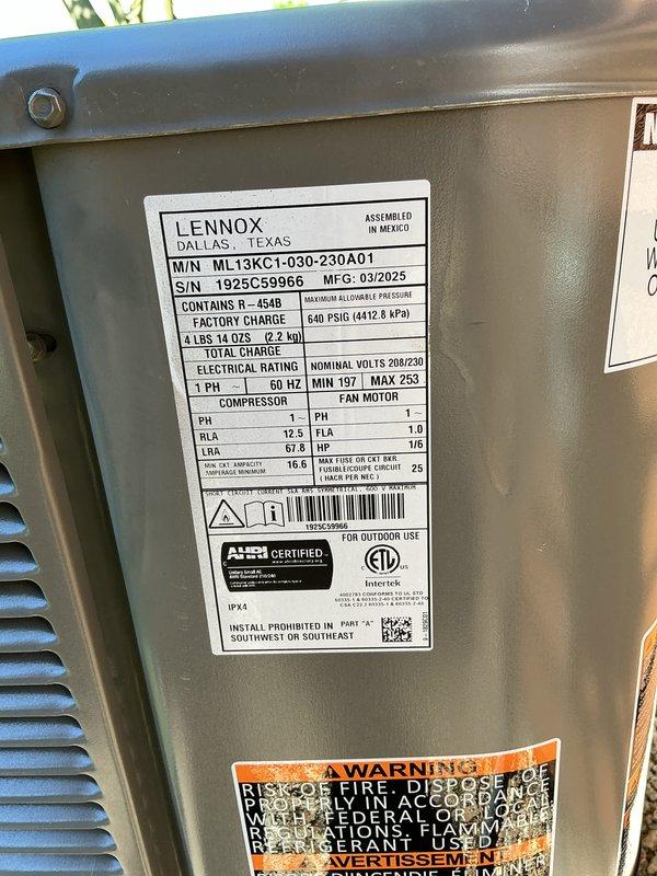 Completed scheduled air conditioning maintenance on Lennox ML13KC1-030-230A01 condenser unit manufactured in March 2025, utilizing R-454B refrigerant with factory charge of 4 lbs 14 oz. Unit was inspected, found to be operating properly with clean coil fins, proper clearances maintained, and all electrical connections secure at the outdoor disconnect. System documentation photographed for service records.