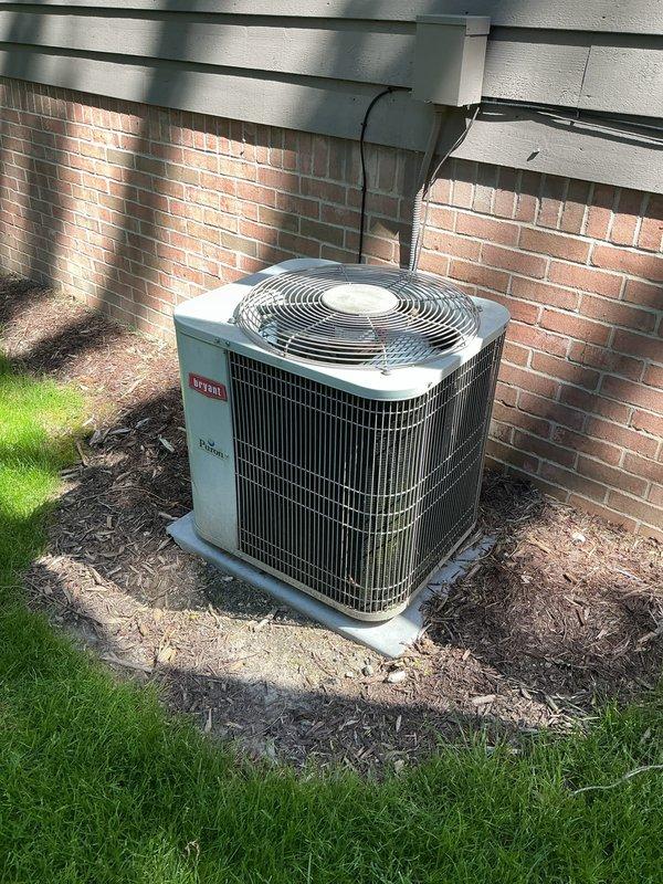 Completed annual cooling maintenance on Bryant outdoor condensing unit. Performed comprehensive system inspection, checked refrigerant levels, cleaned condenser coils, verified electrical connections, tested capacitor and contactor operation, and confirmed proper fan motor function. Unit operating within manufacturer specifications with no deficiencies noted.