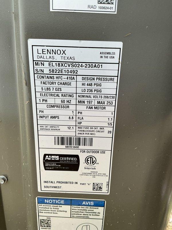 Completed routine Air Care Cooling maintenance on Lennox EL18XCVS024-230A01 condensing unit containing HFC-410A refrigerant. Performed comprehensive system inspection, verified electrical connections and amperage draw, confirmed proper refrigerant pressures within manufacturer specifications, cleaned condenser coils, and documented unit operation with photographic records showing equipment in satisfactory working condition.