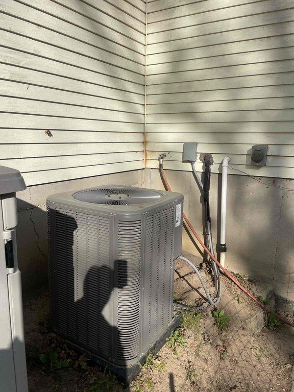 Performed estimate for oil furnace replacement due to odor issues from 22-year-old unit located in basement. Completed maintenance service on existing HVAC system including inspection of outdoor air conditioning condenser unit and associated refrigerant lines. Documented current equipment condition and provided replacement recommendations for aging oil heating system.