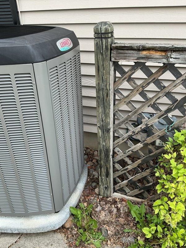 Completed scheduled air conditioning maintenance service on residential Lennox unit. Performed comprehensive system inspection including visual assessment of outdoor condensing unit, verified proper installation on concrete pad, and documented equipment condition with photos. Unit found operating within normal parameters with no immediate service concerns identified during this routine preventative maintenance visit.