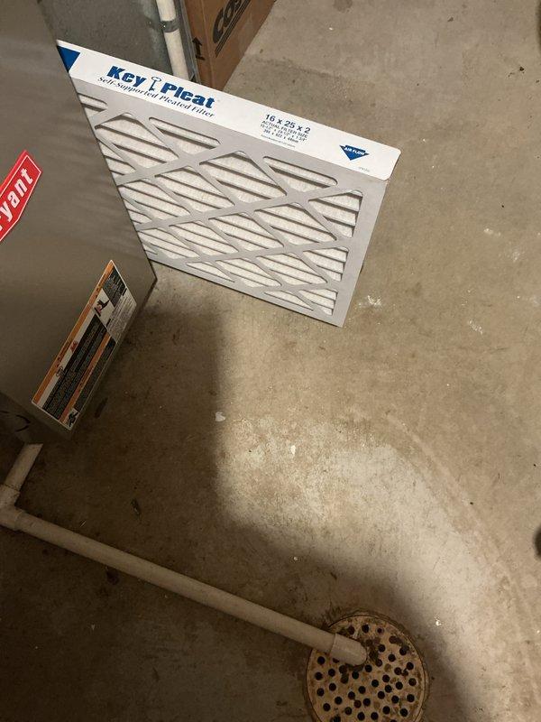 Completed annual cooling maintenance on residential HVAC system. Identified and replaced dirty 16x25x2 air filter with new Key Heat pleated filter. Performed standard ACM inspection of furnace/air handler unit, verified proper operation of all mechanical components, checked PVC condensate drain lines and connections, and inspected ductwork integrity. System operating within normal parameters upon completion.