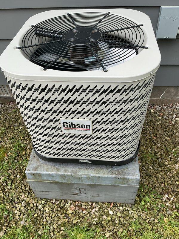 Completed annual preventive maintenance on Gibson residential air conditioning system. Performed comprehensive inspection of outdoor condenser unit, verified proper operation of fan motor and compressor, checked refrigerant levels, cleaned condenser coils, and inspected electrical connections. Unit found to be in good working condition with no deficiencies noted.
