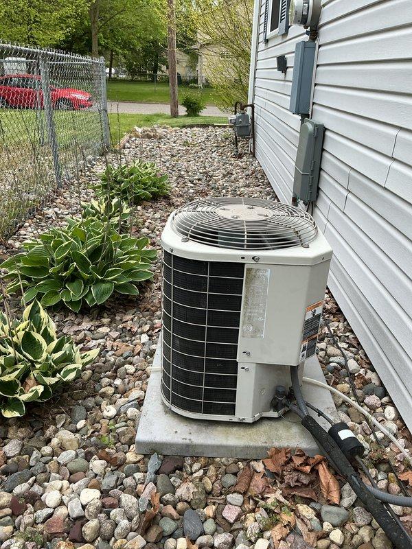 Completed routine ACM maintenance on residential cooling system. Identified need for MERV 16 filter replacement (16x25x5 specification) and provided pricing information. Unit inspected and documented with exterior condenser positioned on concrete pad with proper clearances maintained.