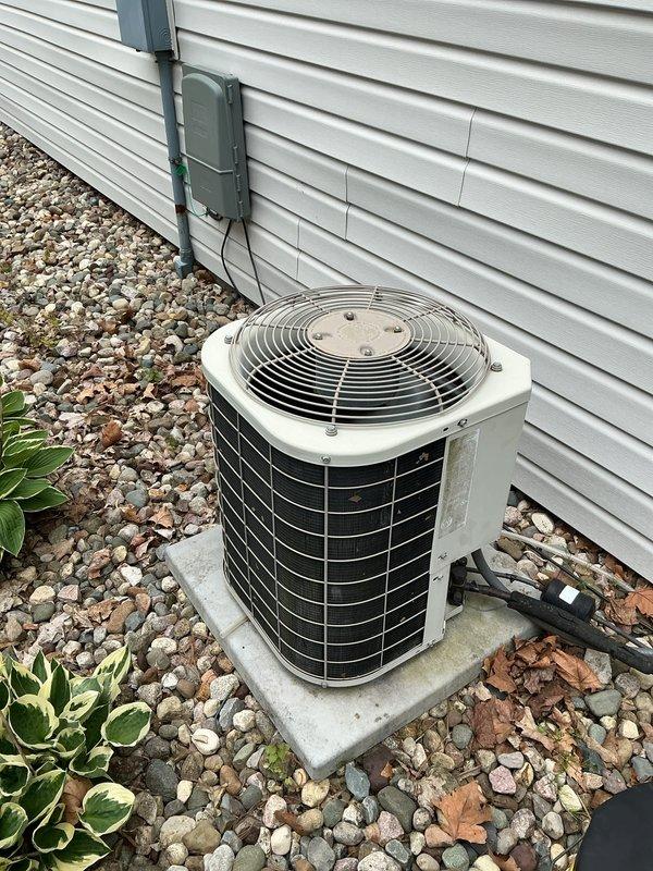 Completed routine ACM maintenance on residential cooling system. Identified need for MERV 16 filter replacement (16x25x5 specification) and provided pricing information. Unit inspected and documented with exterior condenser positioned on concrete pad with proper clearances maintained.