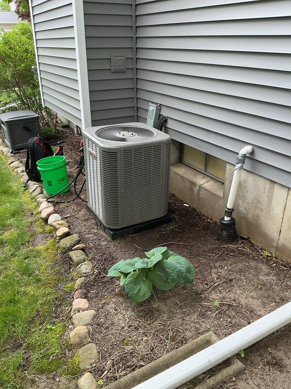 Completed annual cooling maintenance on Lennox heat pump system. Performed comprehensive inspection of outdoor unit, checked refrigerant pressures using manifold gauges, verified electrical connections at disconnect box, inspected condensate drain line operation, and confirmed proper system operation with no deficiencies noted.