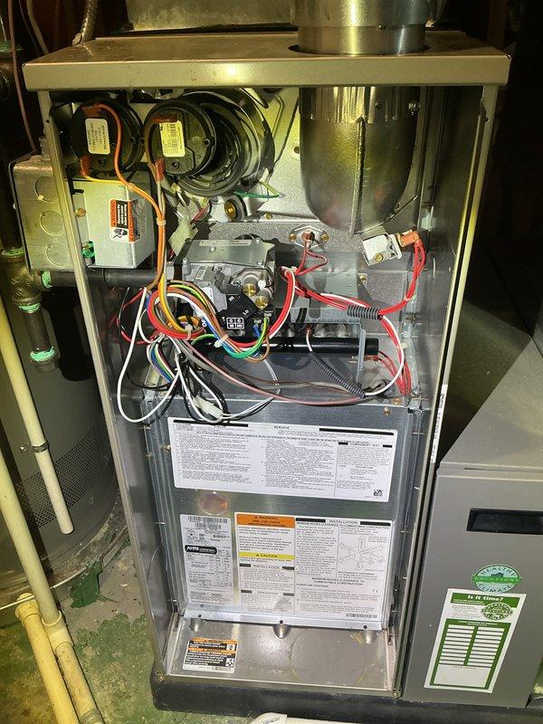 Completed annual HVAC maintenance on residential air handler and furnace system, including heating and cooling components. Performed comprehensive inspection of furnace interior, control board, electrical connections, and wiring harnesses, confirming all components operational. Inspected evaporator coil and noted filter requiring replacement due to significant dust and debris accumulation; replaced filter to restore proper airflow and system efficiency.