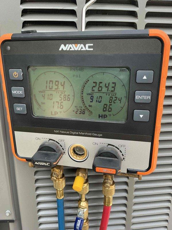 Completed full HVAC system installation including a 70,000 BTU furnace and 2-ton air conditioning unit with front reconnection configuration. Cut and prepared flooring to install new floor register to ensure proper airflow distribution throughout the system. Performed system startup procedures and verified operational pressures using digital manifold gauges, confirming adequate refrigerant levels and proper system performance upon completion.