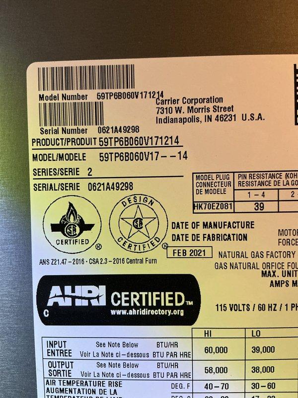 Completed annual maintenance service on Carrier furnace model 69TPGBU60V171214 (60,000 BTU input) and air conditioning unit model CNPVP3017ALA01AA utilizing R-410A refrigerant. Performed comprehensive inspection of both heating and cooling systems, verified manufacturer specifications, documented serial numbers and equipment condition through photographic records. All components operating within normal parameters, no deficiencies noted requiring immediate attention.