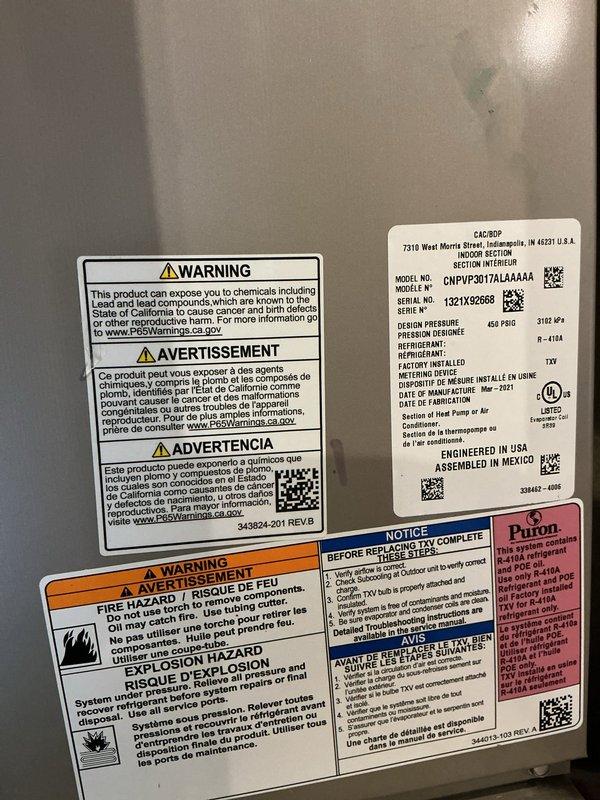 Completed annual maintenance service on Carrier furnace model 69TPGBU60V171214 (60,000 BTU input) and air conditioning unit model CNPVP3017ALA01AA utilizing R-410A refrigerant. Performed comprehensive inspection of both heating and cooling systems, verified manufacturer specifications, documented serial numbers and equipment condition through photographic records. All components operating within normal parameters, no deficiencies noted requiring immediate attention.
