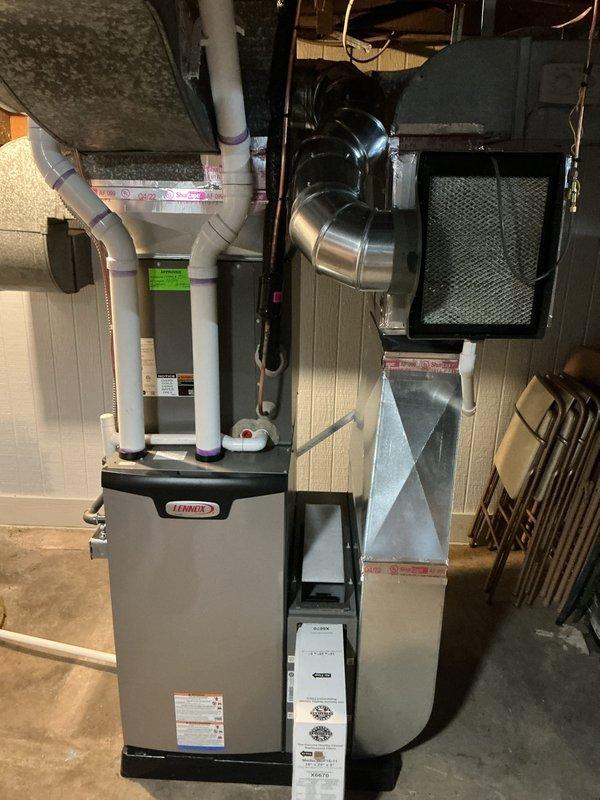 Completed annual HVAC maintenance on Lennox system, replaced air filter in the suspended filter housing, and inspected ductwork connections and electrical components. All system components operating within normal parameters with no issues identified during the maintenance visit.