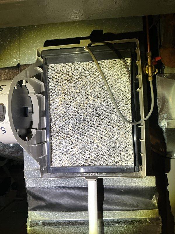 Completed annual cooling maintenance on residential HVAC system. Inspected air handler unit and evaporator coil assembly, confirmed filter was clean and properly secured within frame. Noted spots on filter and pad as indicated in service notes. Verified all refrigerant lines, copper piping, and blower assembly components were in good working condition with no visible damage or excessive dirt accumulation. Inspected furnace unit, ductwork connections, and condensate drain lines; all components operating properly with no anomalies detected.