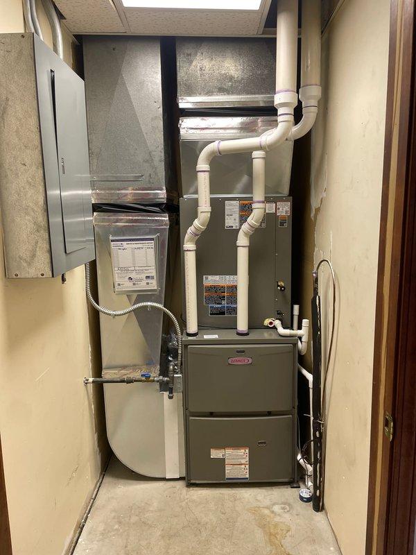 Completed full HVAC system installation including a Lennox 135,000 BTU gas furnace and air conditioning unit with rear discharge configuration. Installed new PVC venting system, refrigerant lines, condensate drainage with pump, electrical connections, and ductwork modifications. All equipment properly mounted, wired per code requirements, and reconnected to existing infrastructure. System tested and operational upon completion.