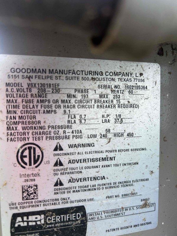 Completed preventive maintenance tune-up on a Goodman residential air conditioning system, model V8X130181FF, utilizing R-410A refrigerant. Performed comprehensive inspection of outdoor condenser unit, verified electrical connections and amperage draws within manufacturer specifications, cleaned condenser coil fins, and confirmed proper operation of all system components. Unit tested successfully with all parameters operating within normal range.
