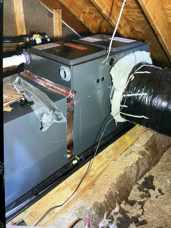Responded to service call for Nest smart thermostat displaying "no power" message and poor airflow to front room following recent handyman installation. Upon inspection, found improper thermostat wiring configuration preventing proper system communication and control, though heating and cooling equipment remained operational. Corrected C-wire connection to restore constant 24V power supply to thermostat, restoring full functionality and proper system control.

Investigated airflow complaint and inspected attic-mounted air handler and ductwork transitions. Identified undersized and improperly transitioned flexible ductwork from main trunk line to front room supply, resulting in restricted airflow. Ductwork showed inadequate support and excessive compression at transition points. Presented options for ductwork remediation including proper sizing and installation of rigid ductwork transition to improve airflow distribution. System tested and confirmed operational with thermostat now contr
