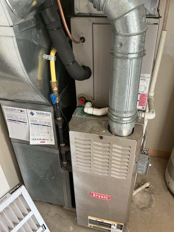 Completed annual cooling maintenance on Bryant HVAC system. Inspected furnace, air handler, ductwork, refrigerant lines, and condensate drain lines. Replaced dirty mesh filters showing significant dust accumulation and discoloration. All system components operational and ready for cooling season.