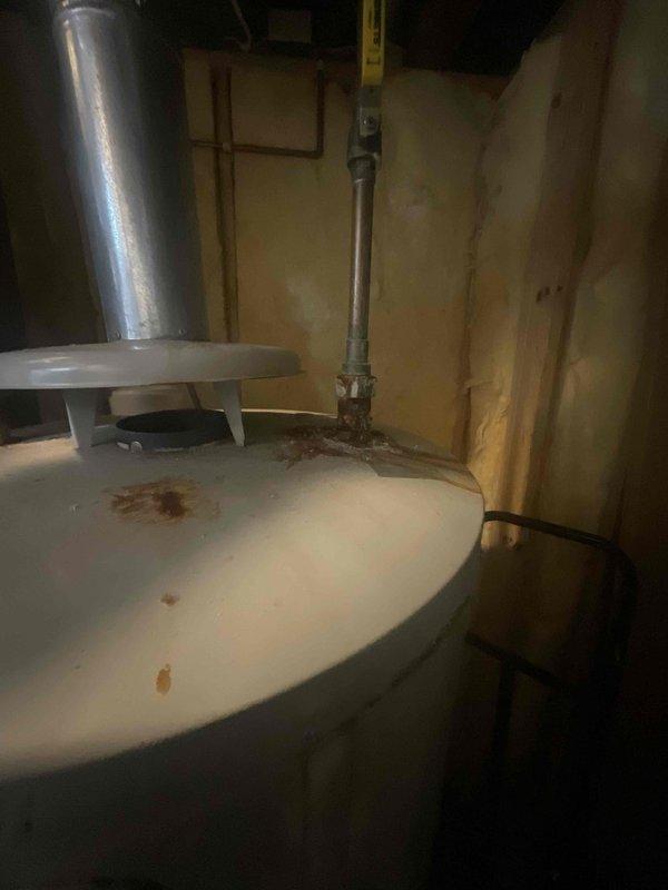 Conducted on-site evaluation of existing 15-year-old 75-gallon gas-fired water heater for replacement estimate. Inspected unit in basement mechanical room, documenting current condition including rust staining on tank top surface and corrosion present on adjacent piping at floor level. Assessed venting system configuration with existing metallic flue pipe connection and evaluated surrounding plumbing infrastructure including exposed copper lines and drainage systems. Photographed installation area to document spatial constraints, clearances, and existing utility connections for replacement specifications. Verified gas supply routing and evaluated ventilation requirements for new unit installation.
